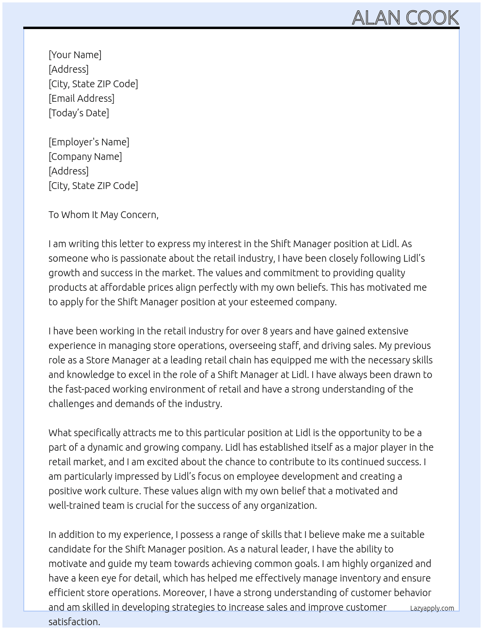 Shift manager At Lidl Cover Letter