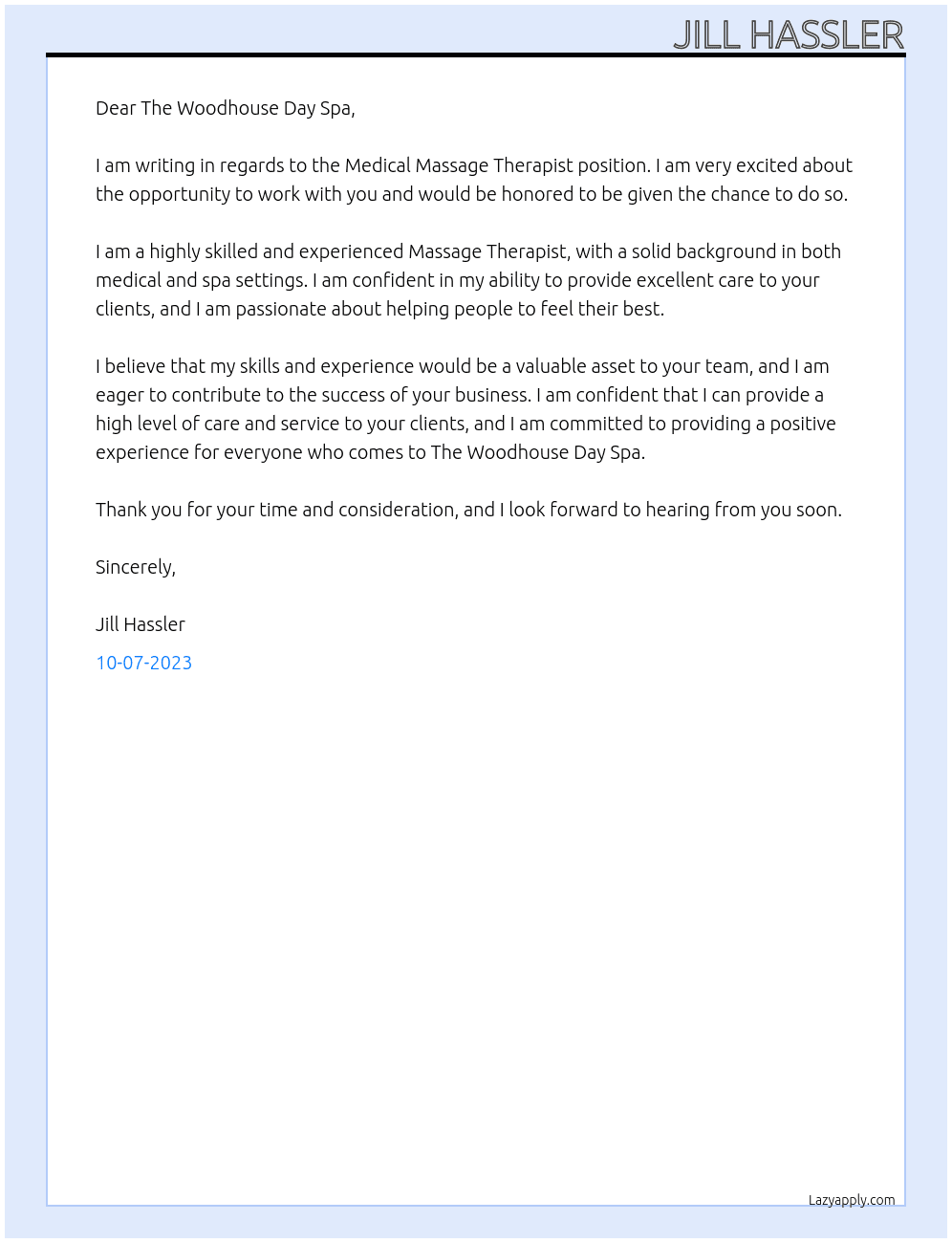 Medical Massage Therapist At The Woodhouse Day Spa Cover Letter