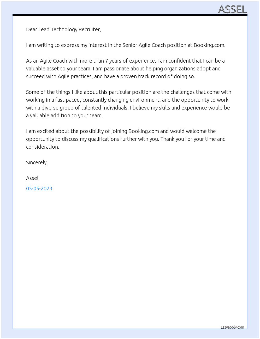 Senior Agile Coach At Booking.com Cover Letter