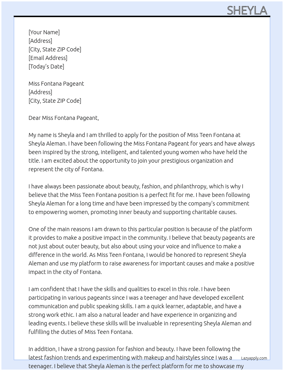 Miss Teen Fontana  At Sheyla Aleman  Cover Letter