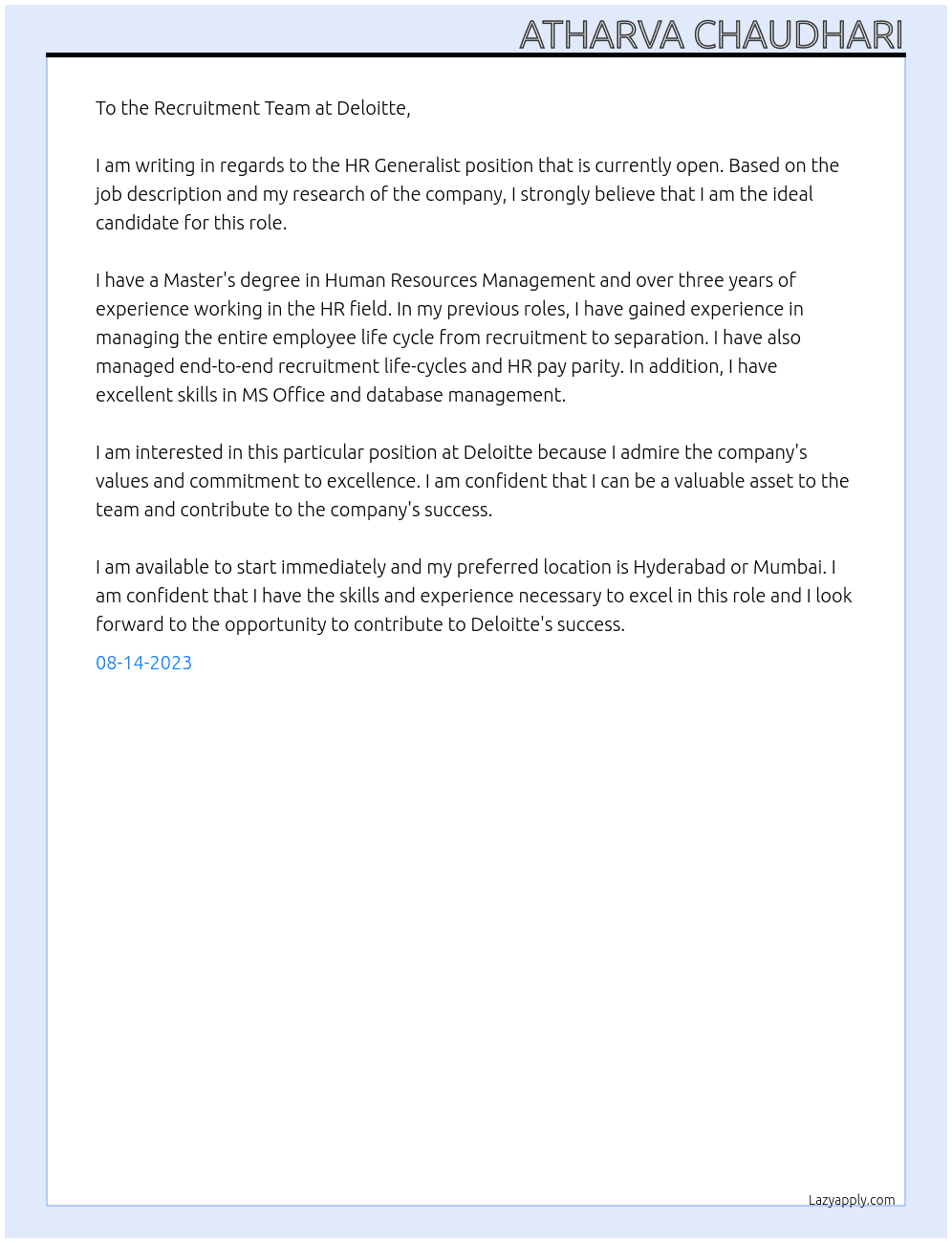 HR Generalist At Deloitte Cover Letter