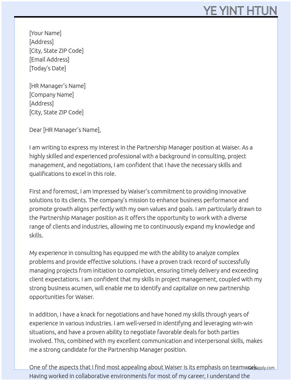 Partnership Manager At Waiser Cover Letter