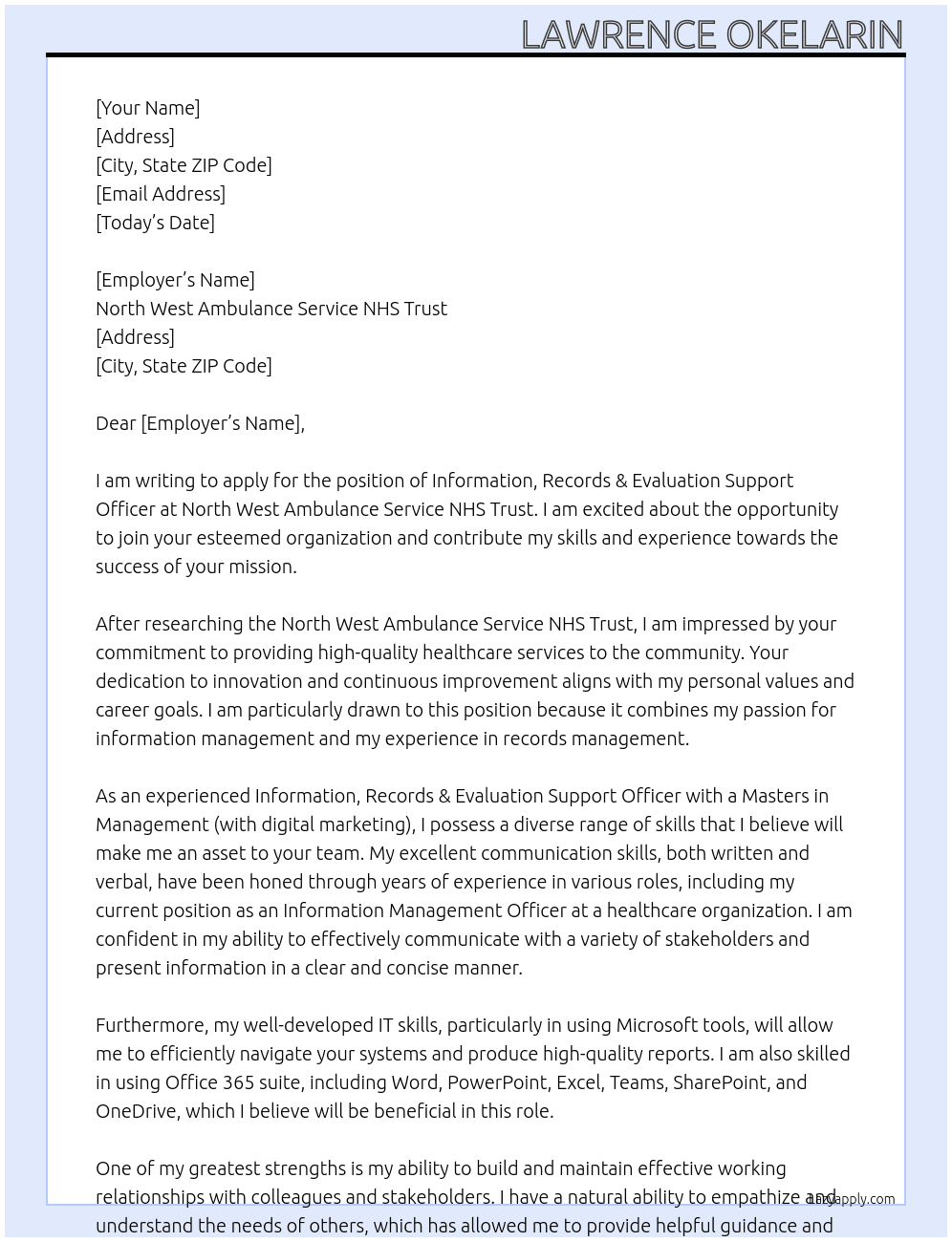 Information, Records & Evaluation Support Officer  At North West Ambulance Service NHS Trust Cover Letter