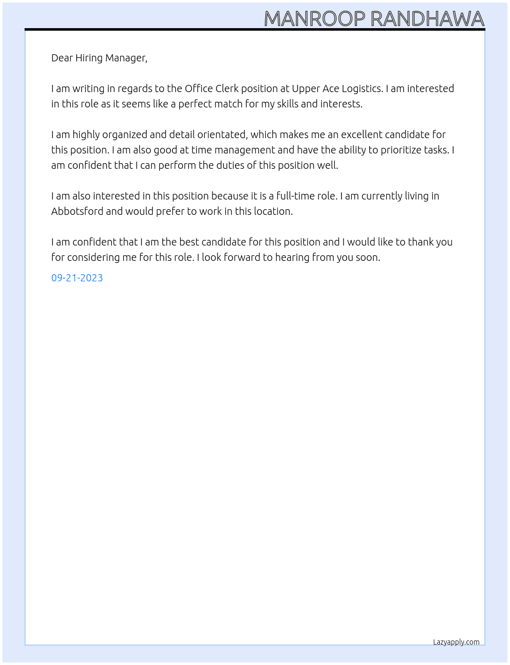 Office Clerk At Upper Ace Logistics Cover Letter