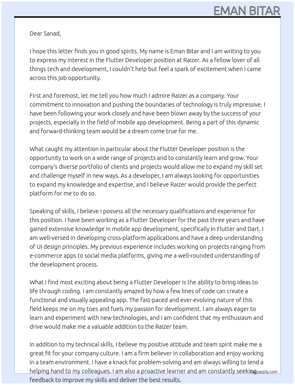 flutter devloper At Raizer Cover Letter