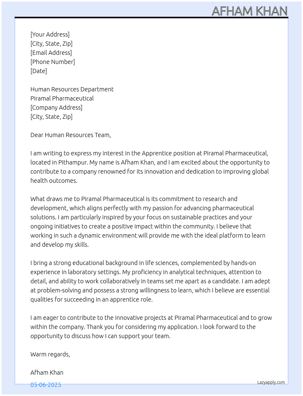 Apprentice  At Piramal Pharmaceutical  Cover Letter