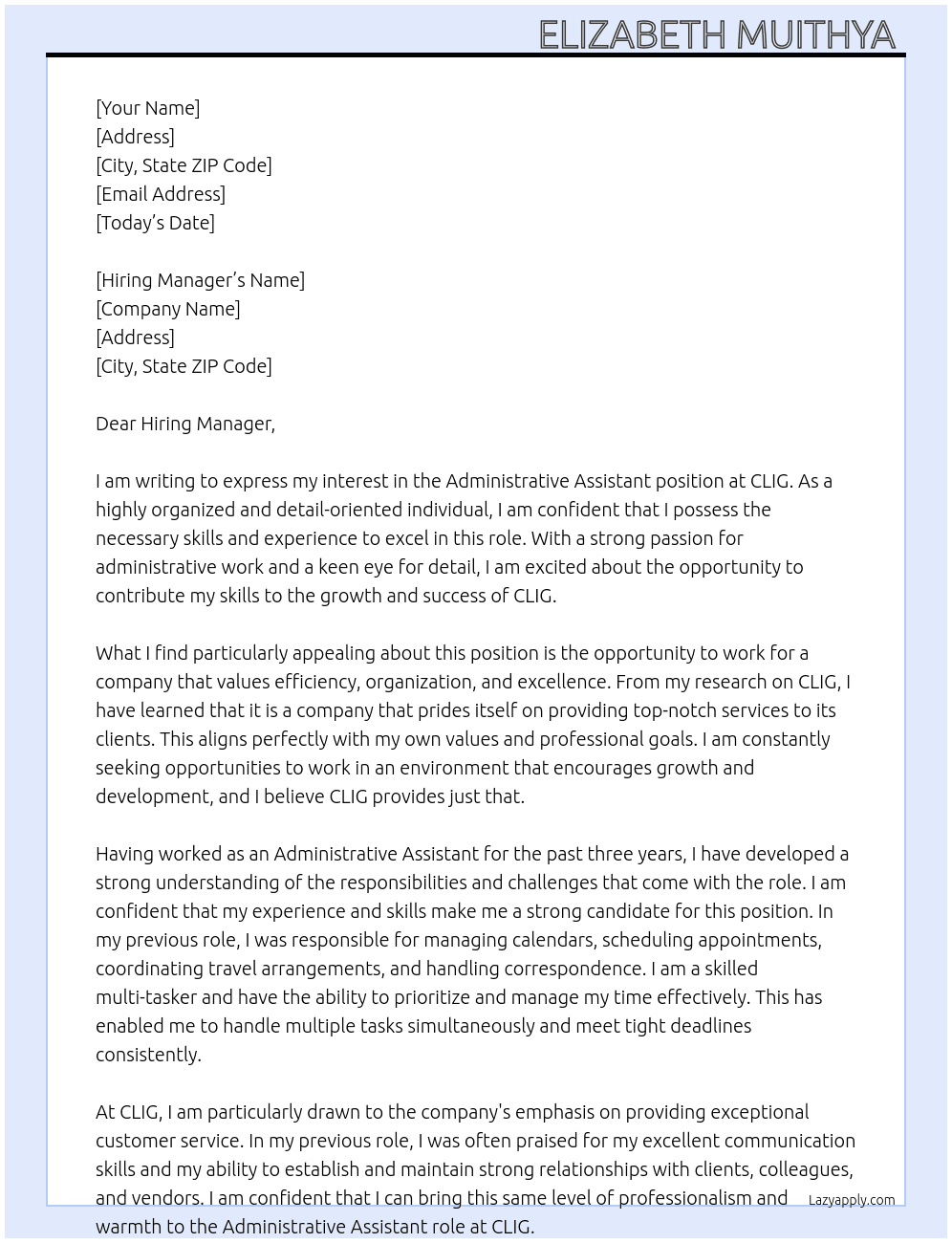 Administrative Assistant  At CLIG Cover Letter