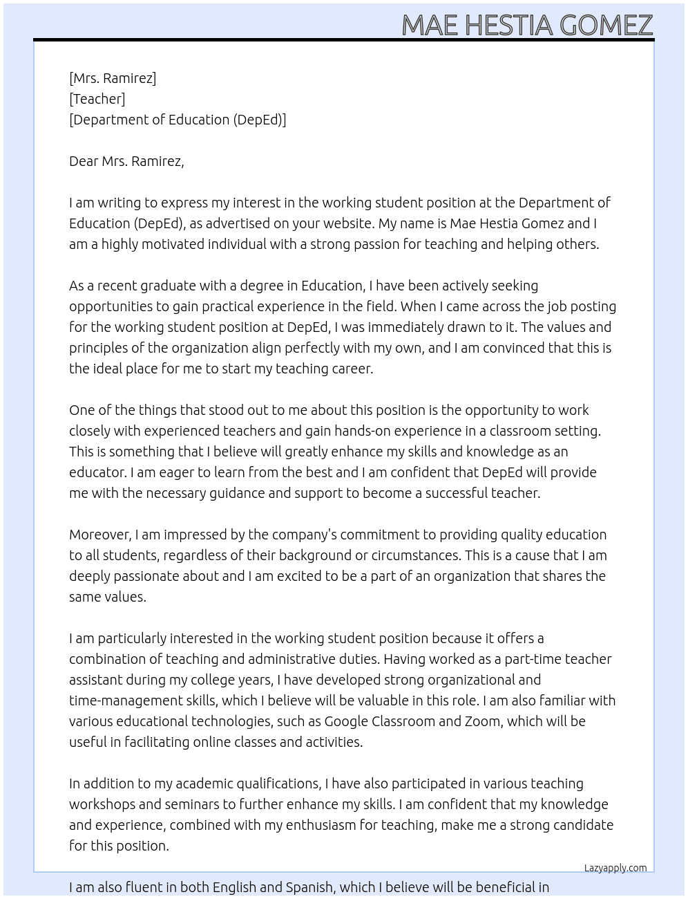working student At deped Cover Letter