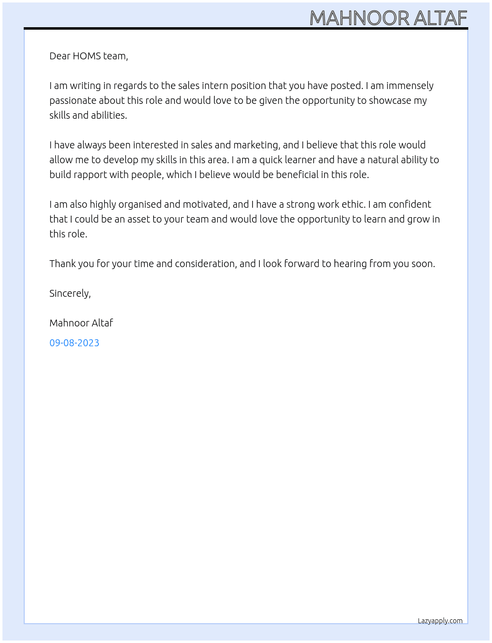 sales intern At HOMS Cover Letter