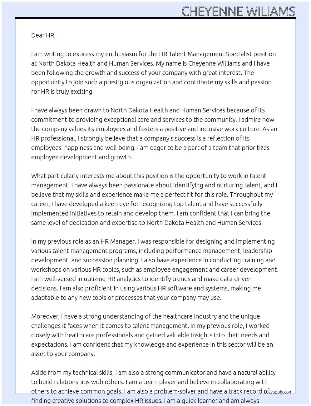 HR Talent Management Specialist At North Dakota Health and Human Services Cover Letter