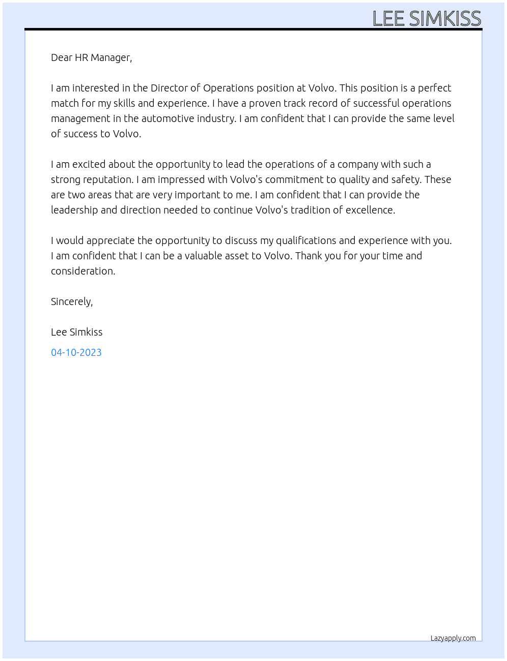 Director of operations  At Volvo  Cover Letter