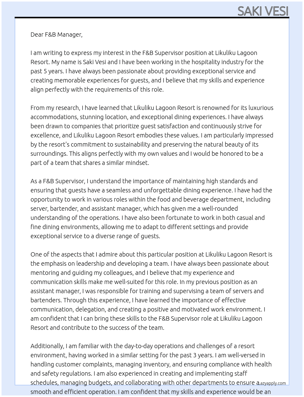 f&b supervisor  At likuliku lagoon resort Cover Letter