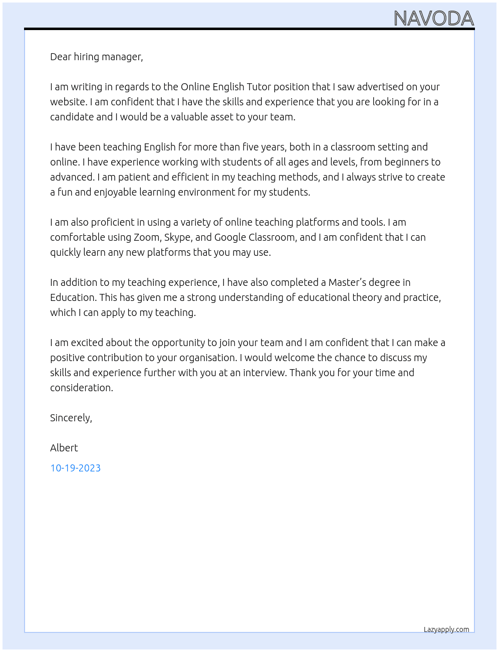 Online English tutor At FindTutors Cover Letter