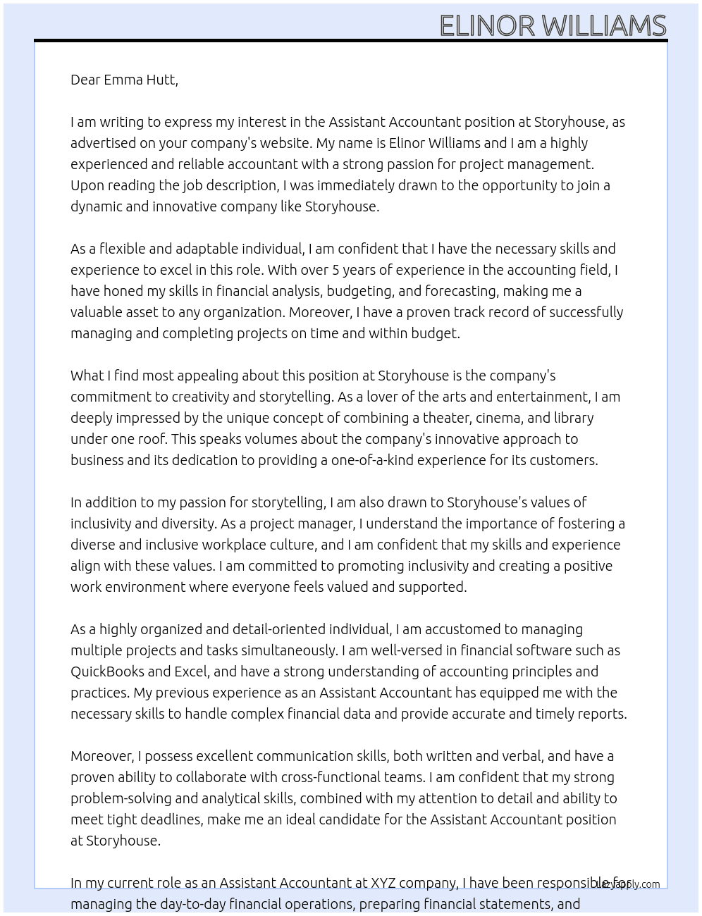 Assistant Accountant At Storyhouse Cover Letter