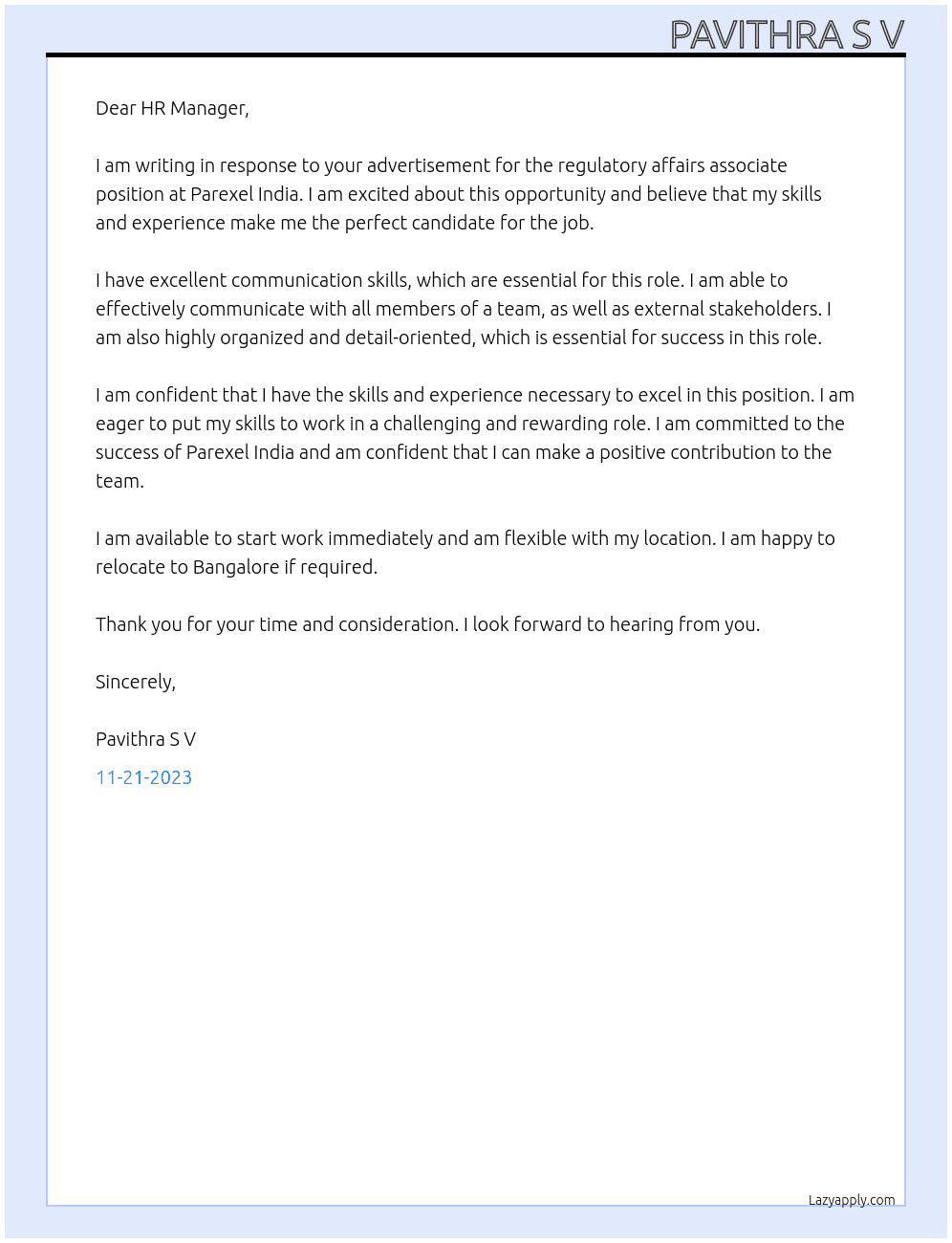 regulatory affairs associate At Parexel India Cover Letter