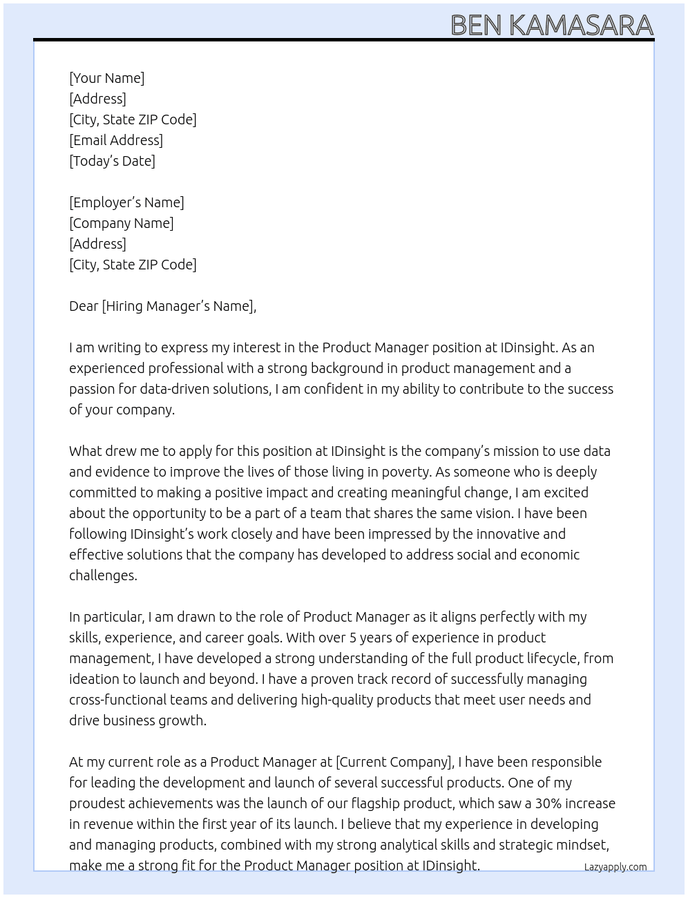 Product Manager At IDinsight Cover Letter
