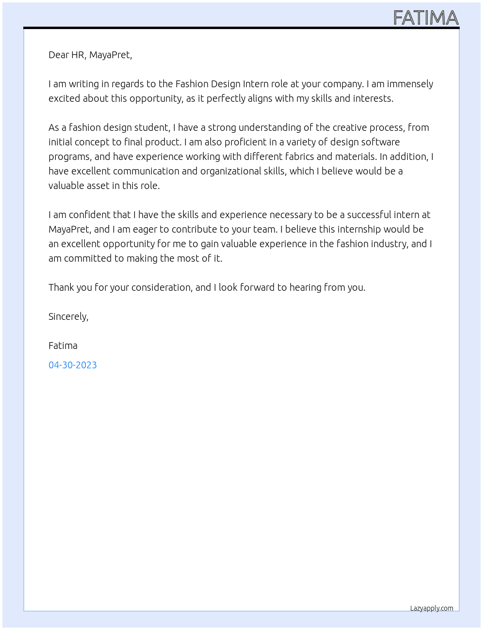 Fashion Design Intern At MayaPret Cover Letter
