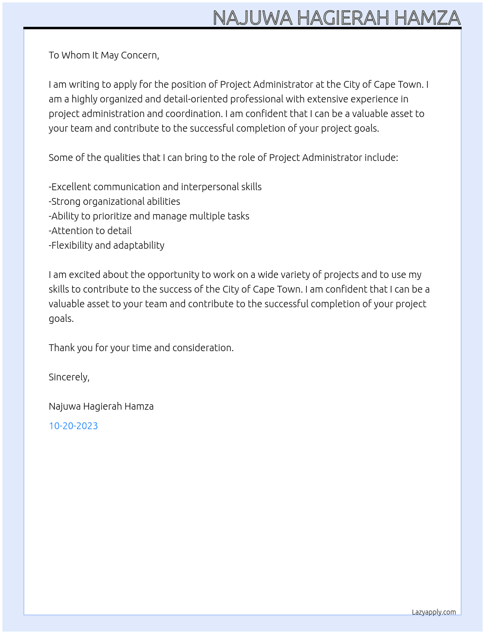 project admininstrator At city of cape town Cover Letter