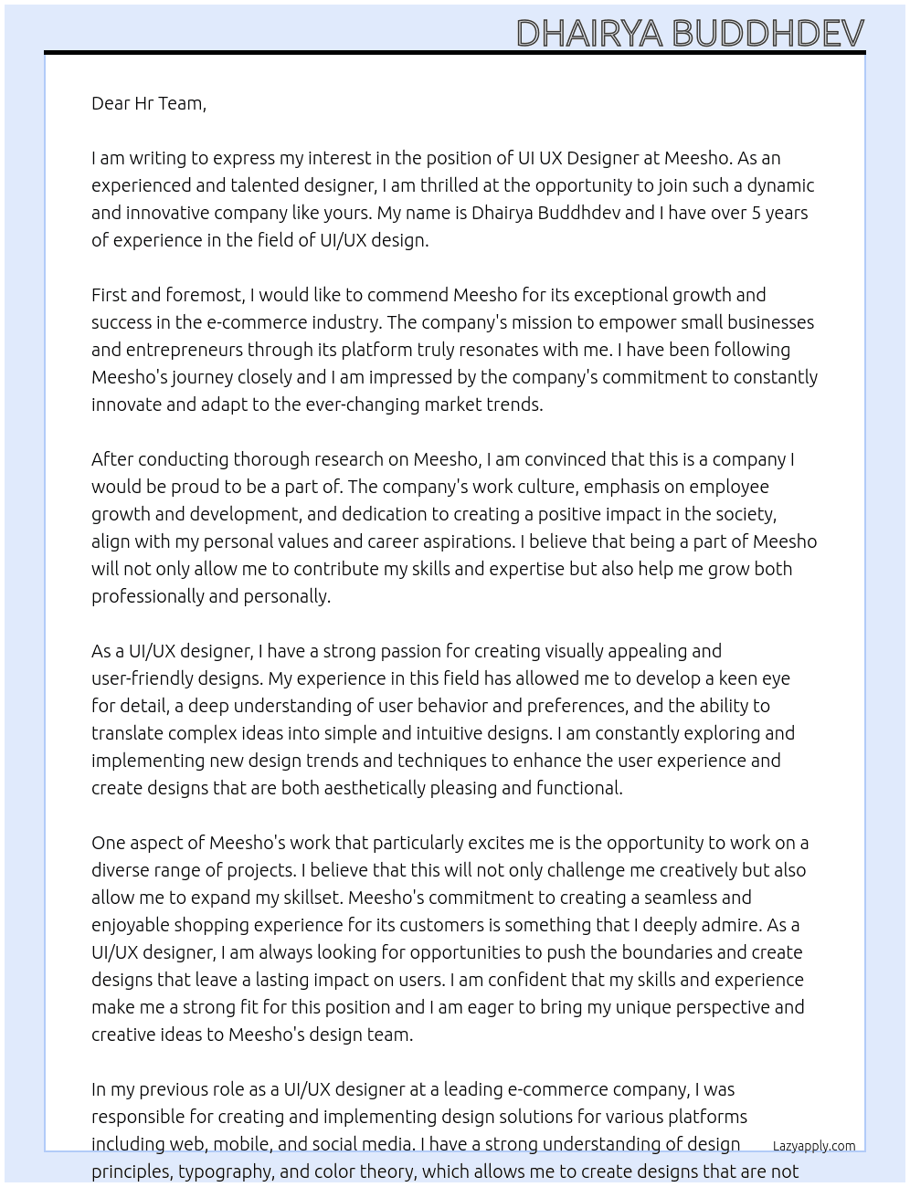UI UX Designer At Meesho Cover Letter