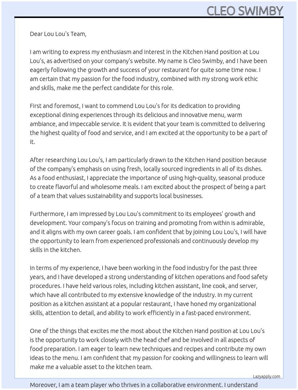 Kitchen hand  At Lou Lou’s  Cover Letter