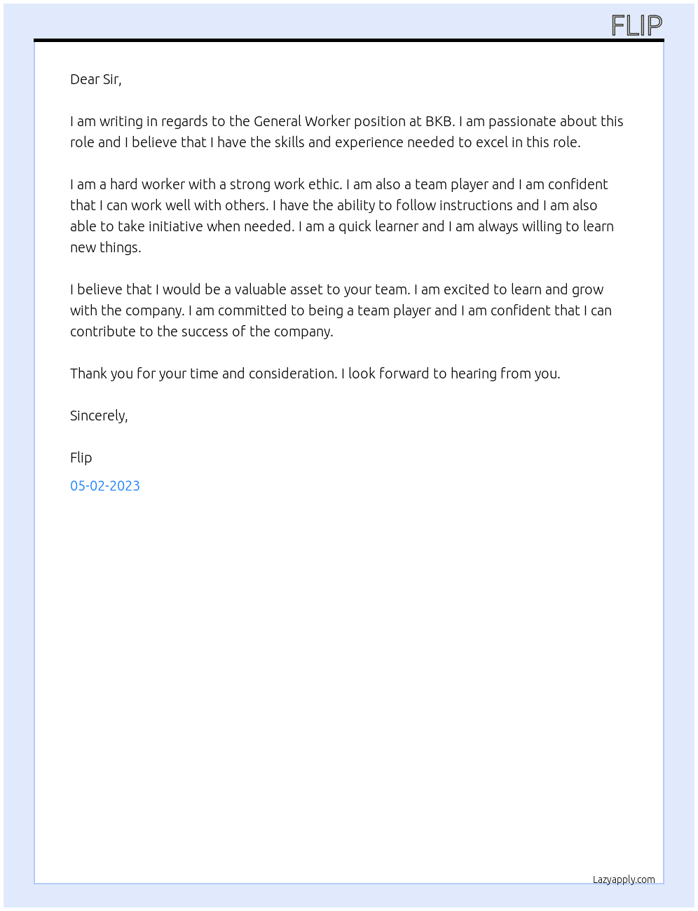 General Worker At BKB Cover Letter