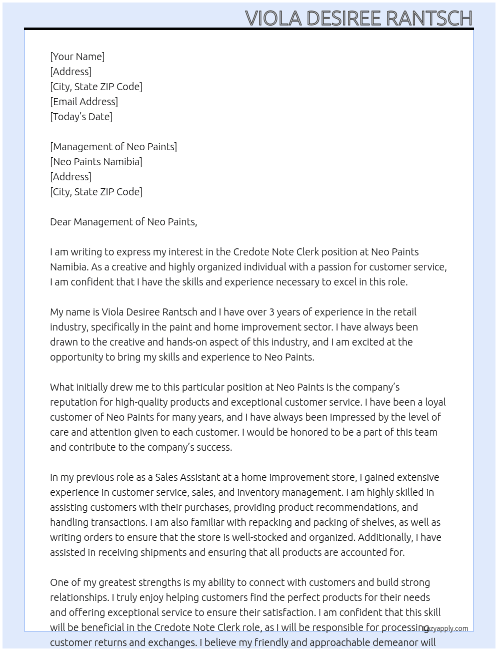 Credote Note Clerk At Neo Paints Namibia Cover Letter