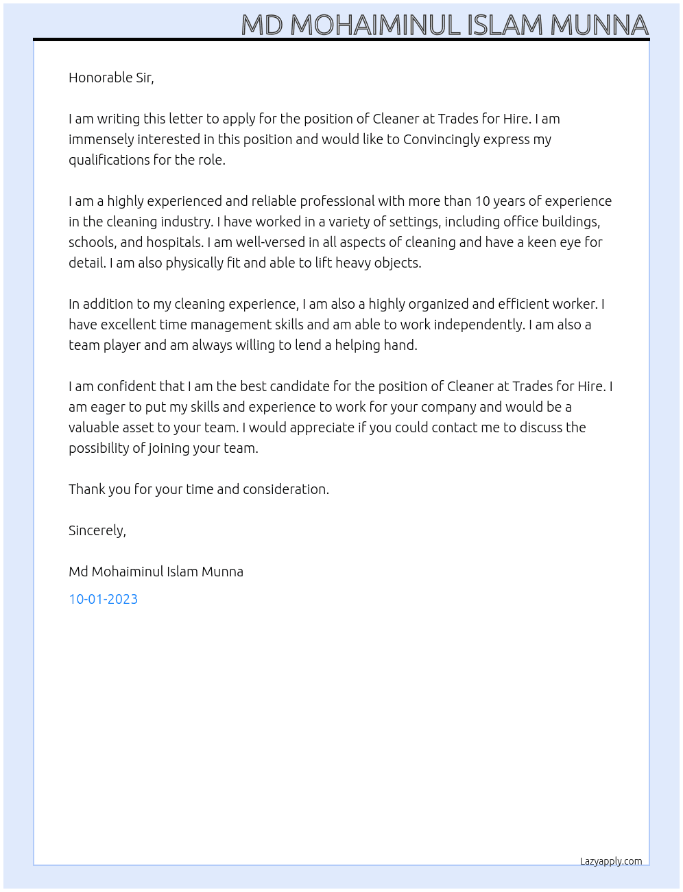 Cleaner At Trades for Hire Cover Letter