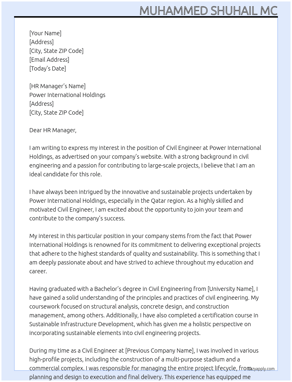 Civil Engineer  At Power internatiinal holdings Cover Letter