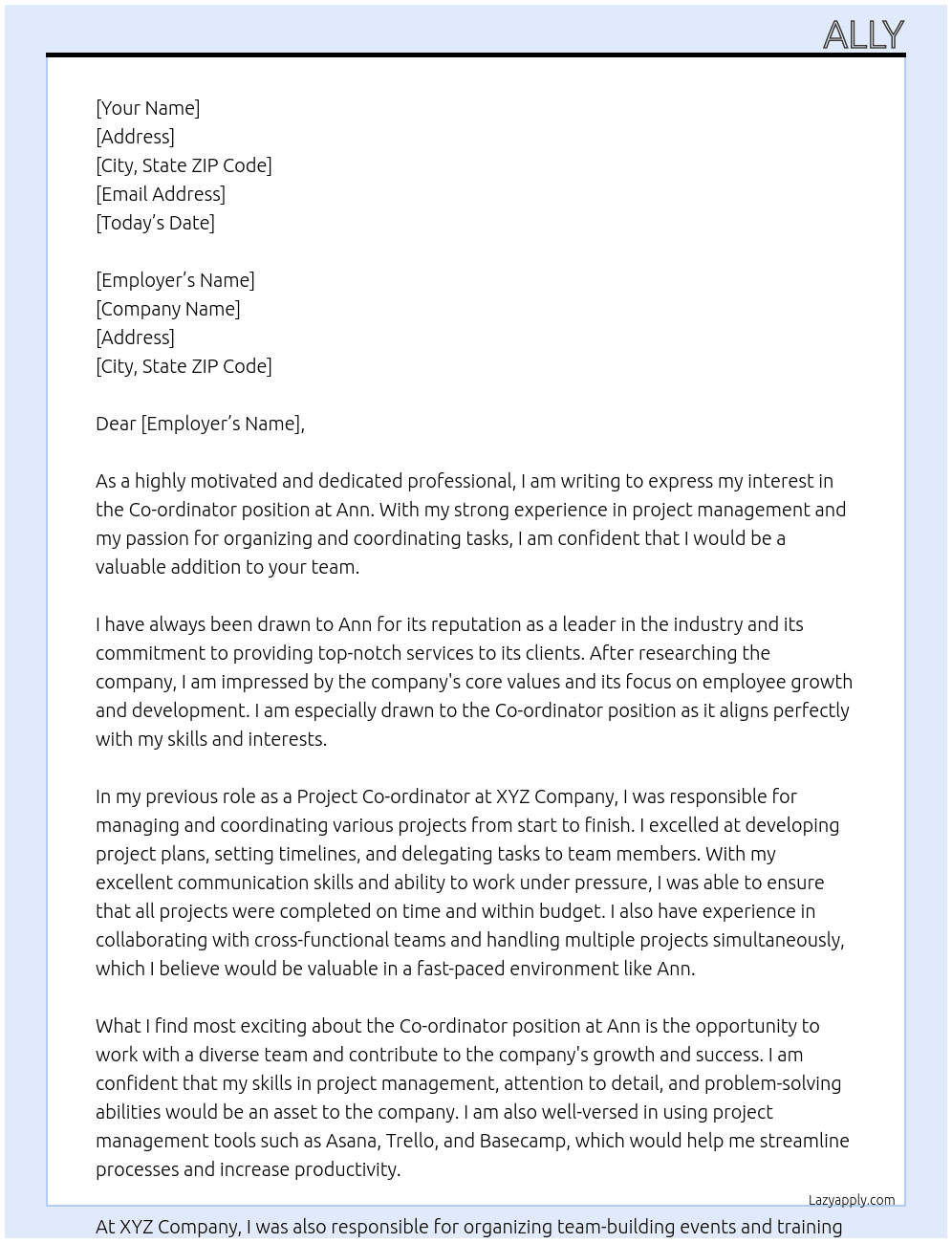Co ordinator At Ann Cover Letter