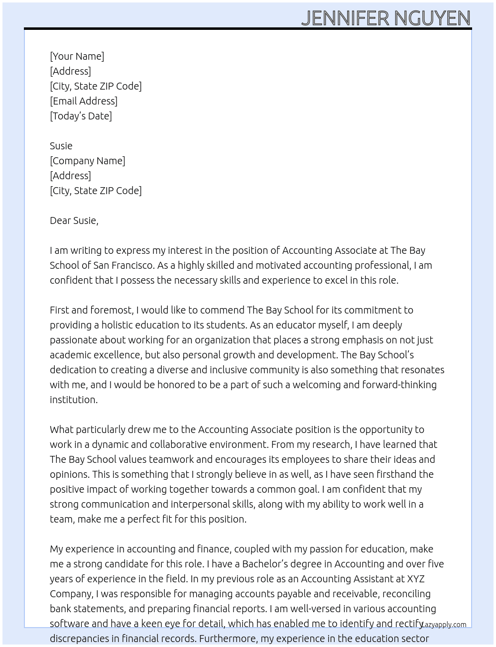accounting associate At the bay school of san francisco Cover Letter