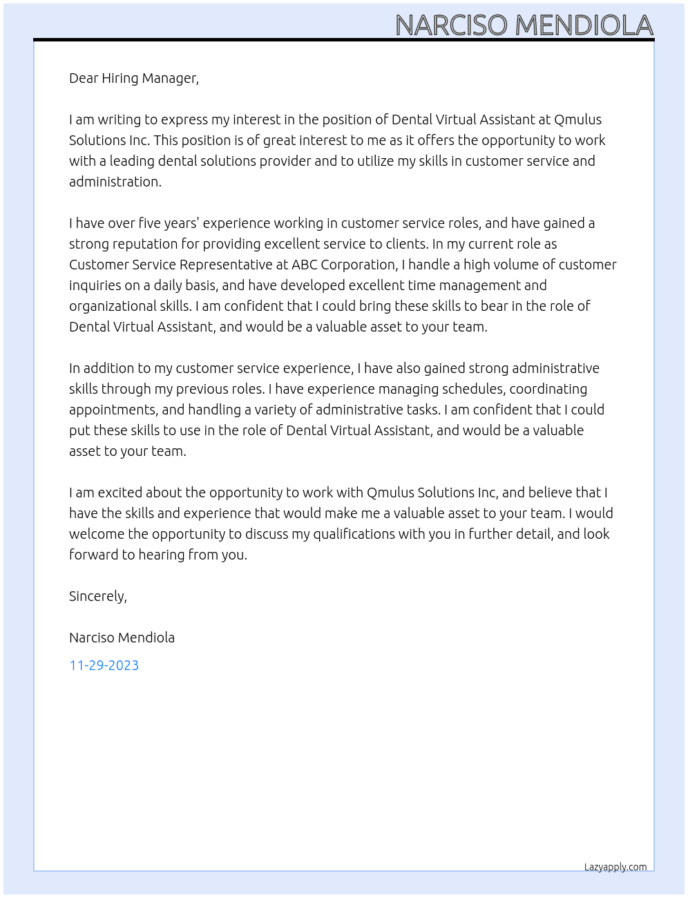 Dental Virtual Assistant At Qmulus Solutions Inc Cover Letter