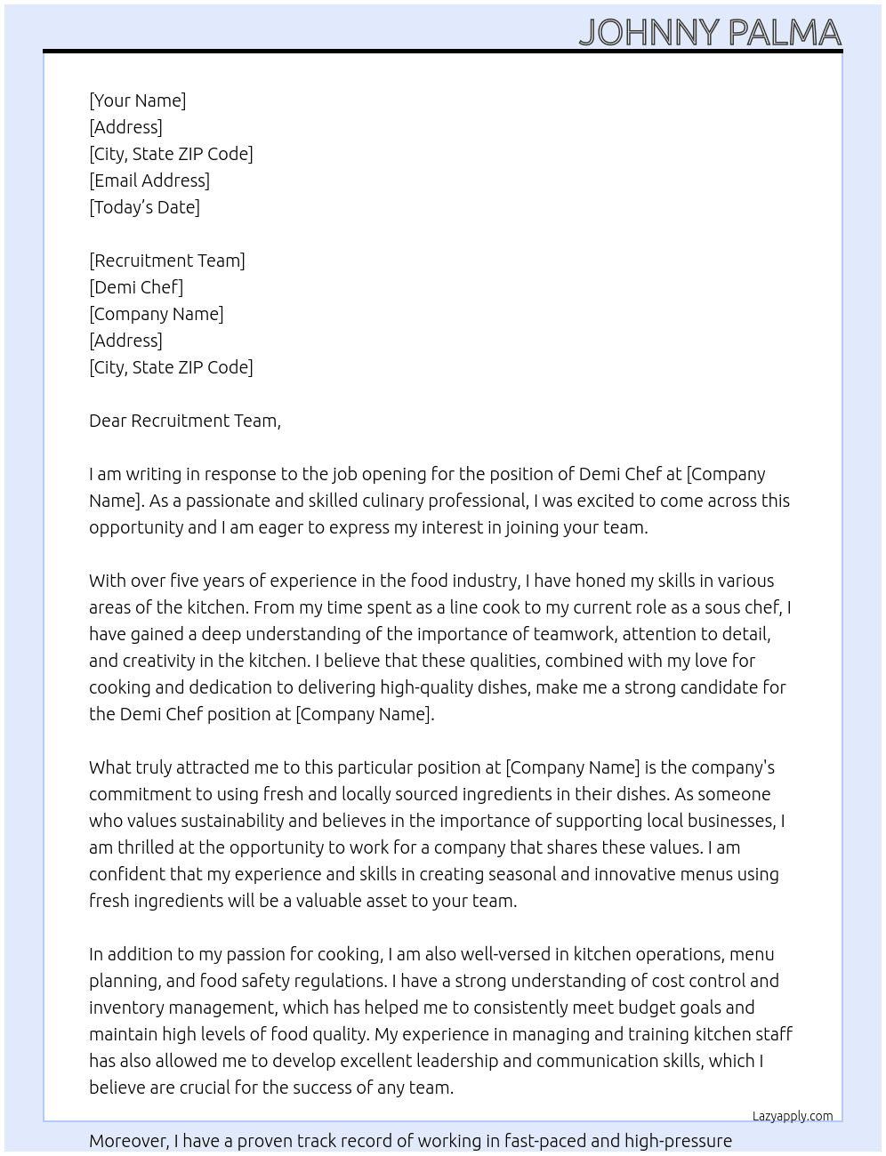 Demi chef At Demi chef Cover Letter