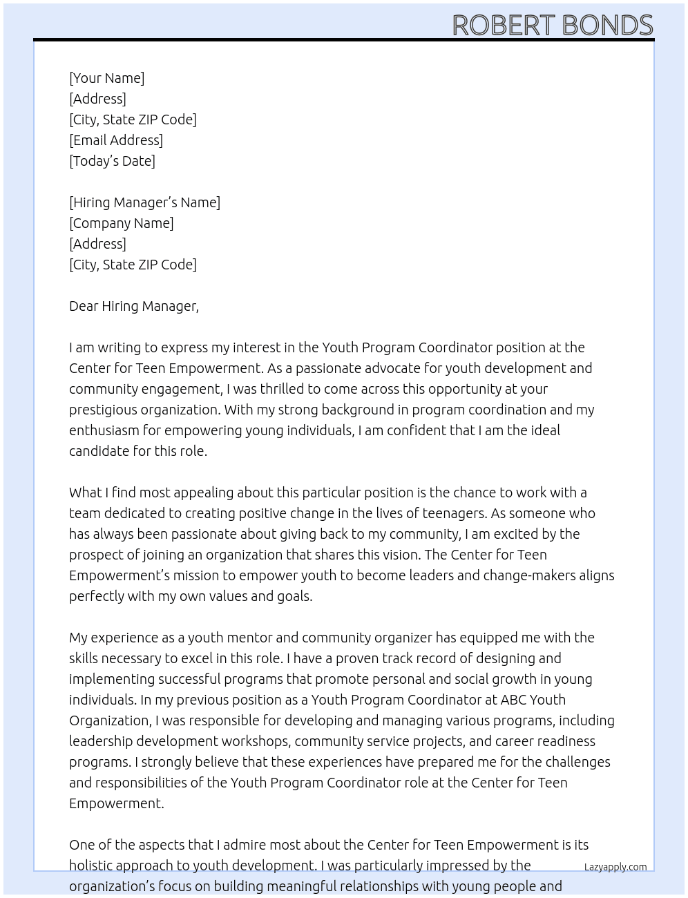 Youth Program Coordinator At Center for Teen Empowerment Cover Letter