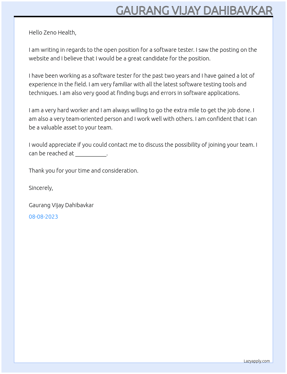 software tester At Zeno Health Cover Letter