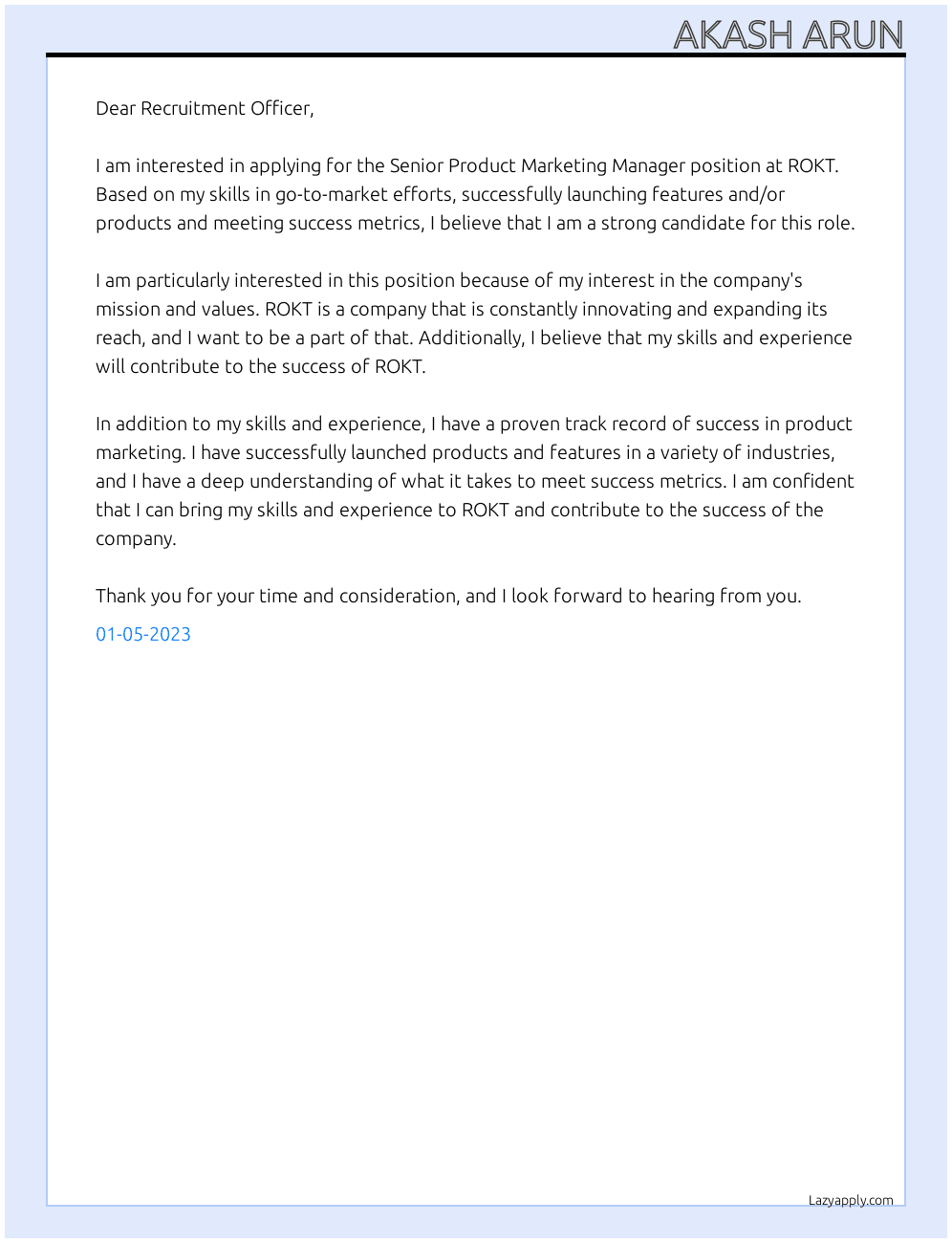 Senior Product Marketing Manager At ROKT Cover Letter