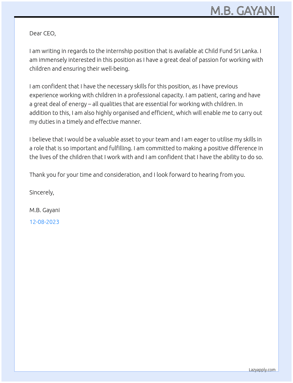 Internship At Child fund sri lanka  Cover Letter