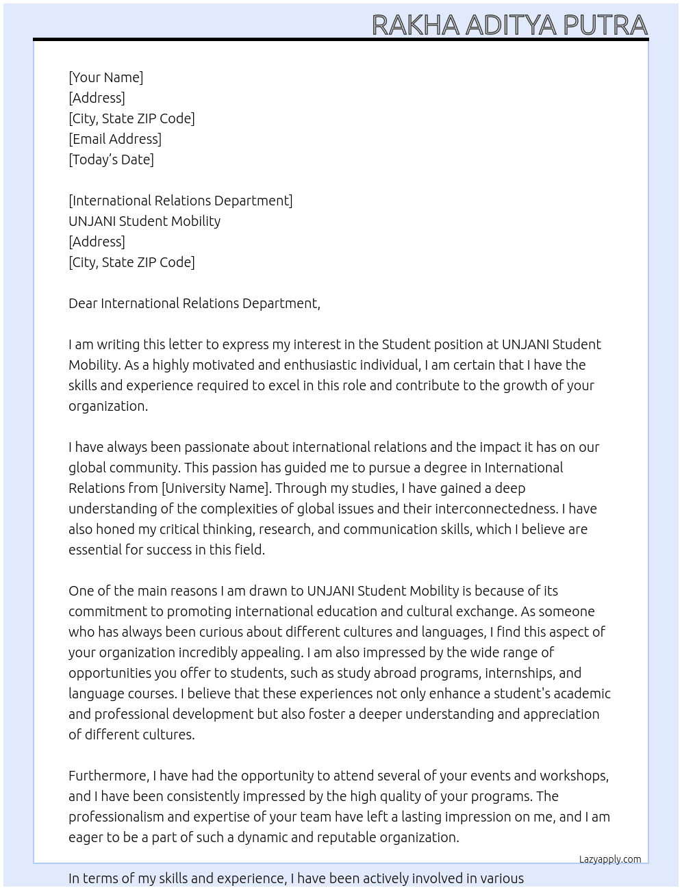 Student At UNJANI Student Mobility Cover Letter