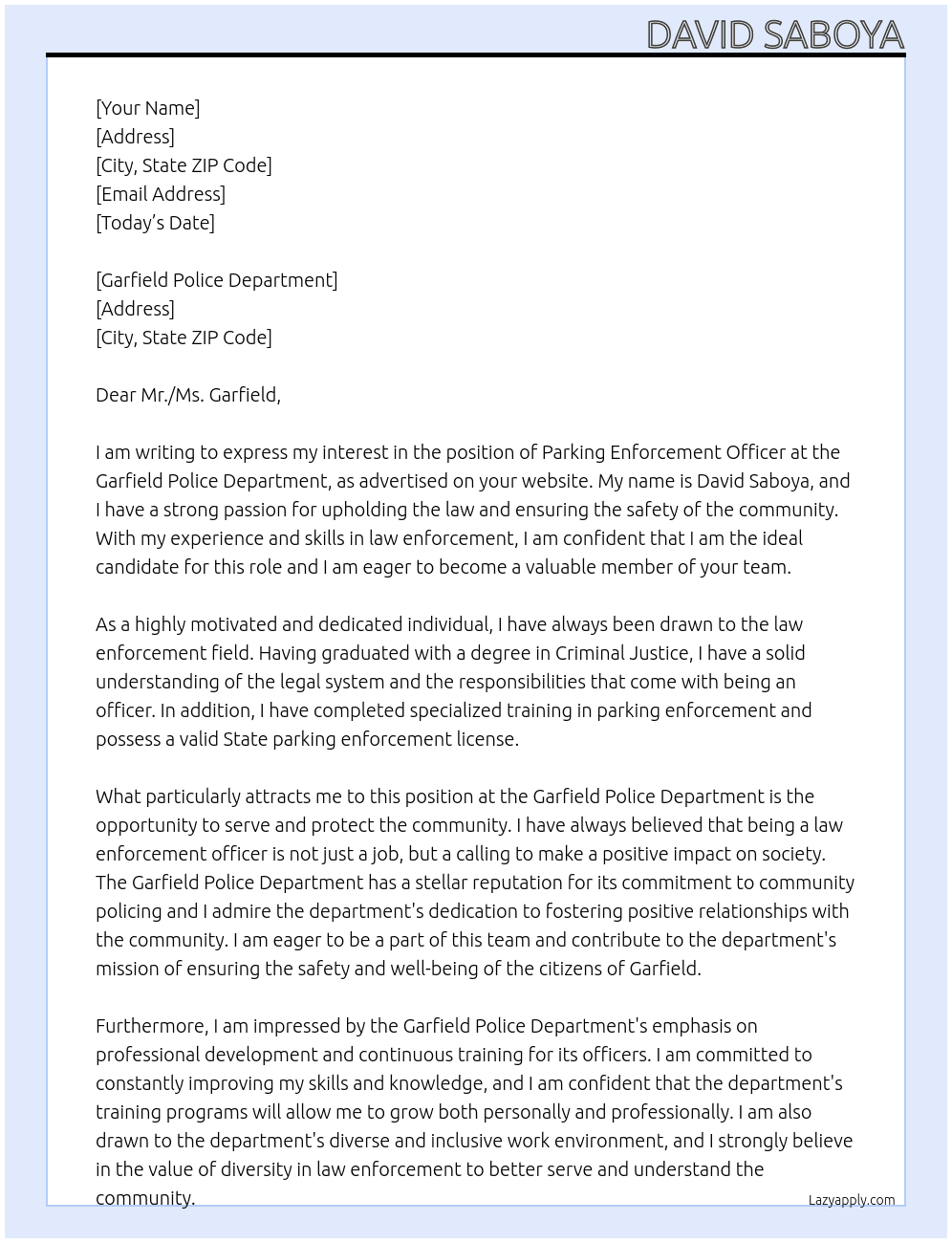 Parking enforcement officer At Garfield Police Department  Cover Letter