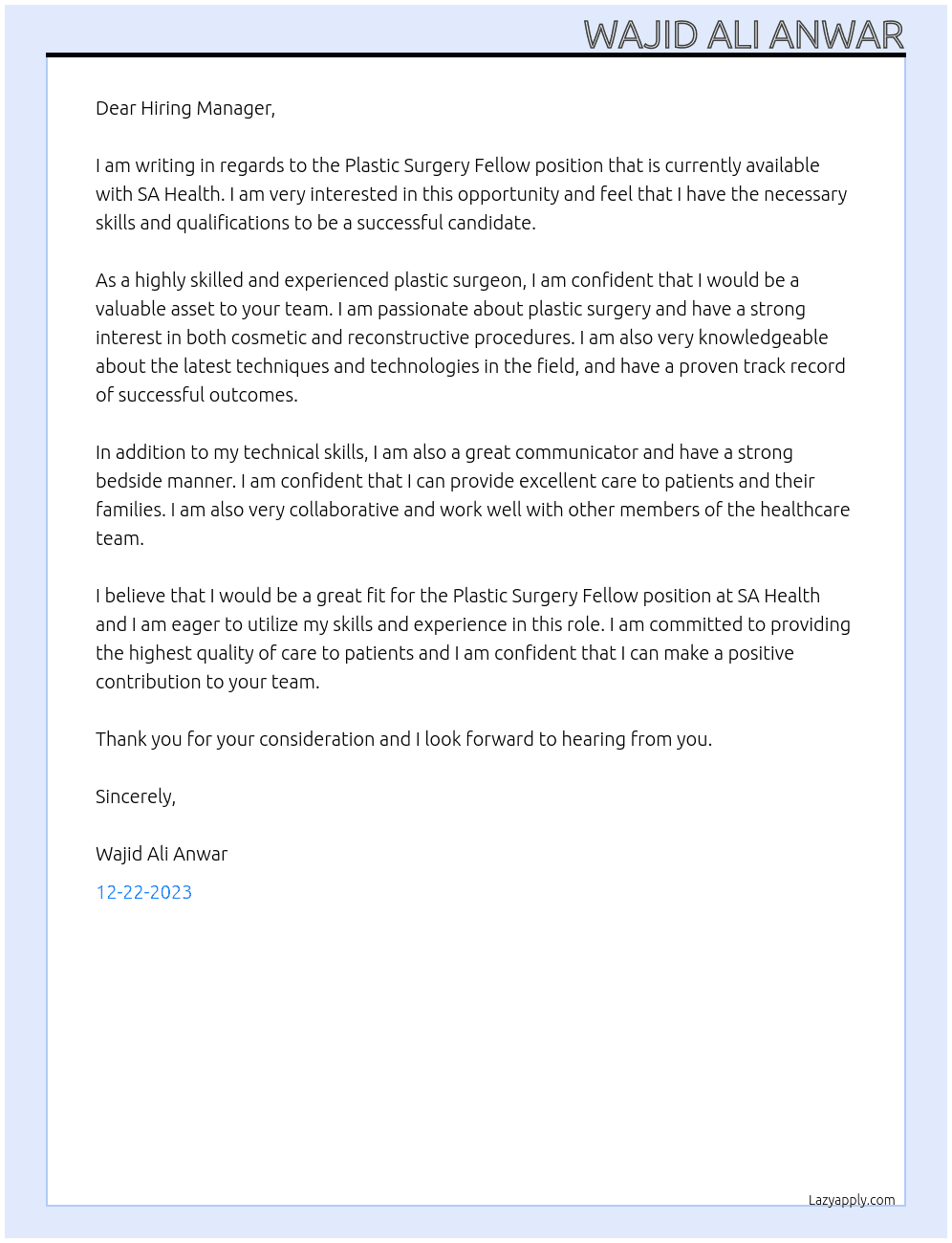 Plastic Surgery Fellow At SA Health Cover Letter