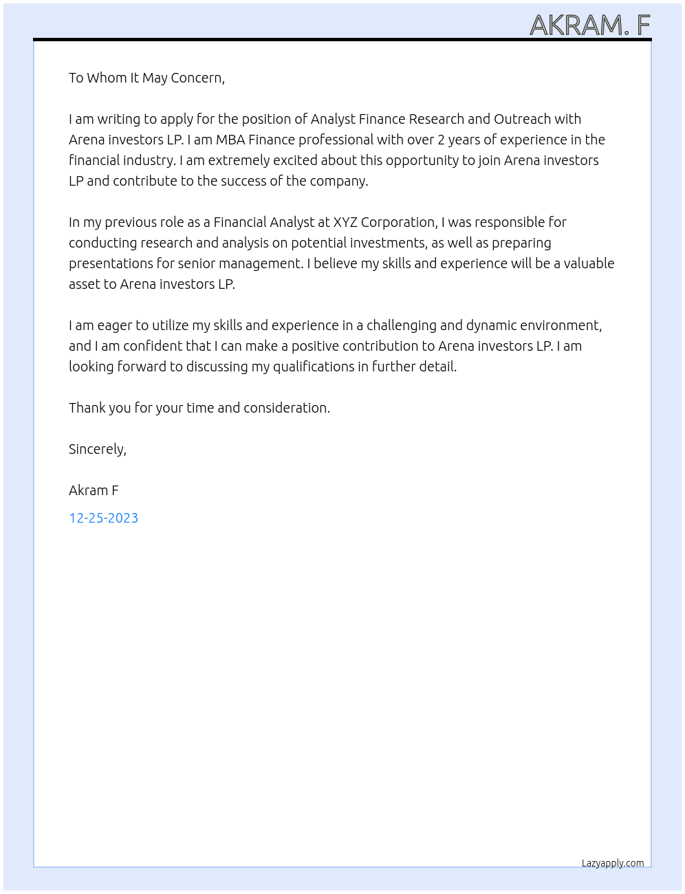 Analyst Finance Research and outreach  At Arena investors LP Cover Letter