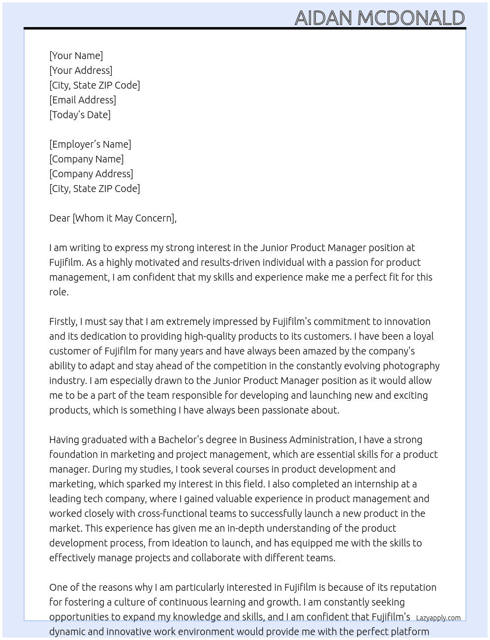 Junior Product Manager At Fujifilm Cover Letter
