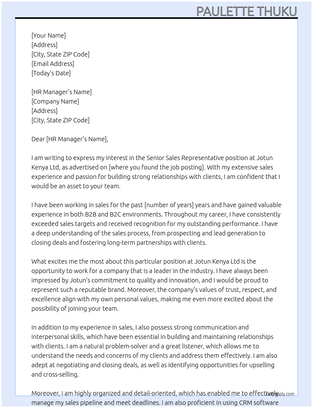 senior sales respresentative At Jotun Kenya Ltd Cover Letter