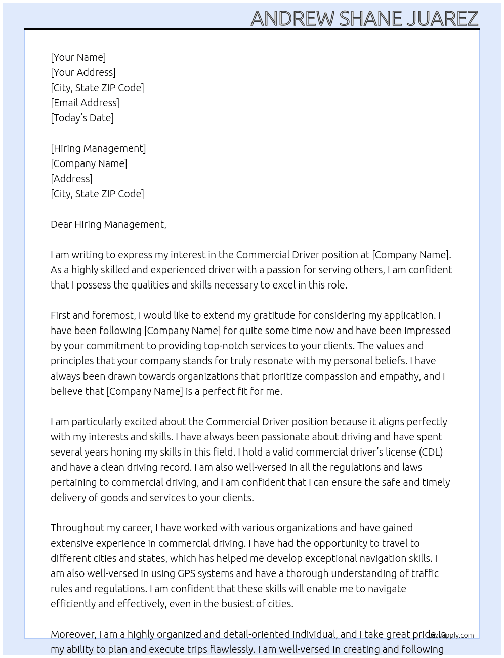 Commercial Driver At Company Driver Cover Letter