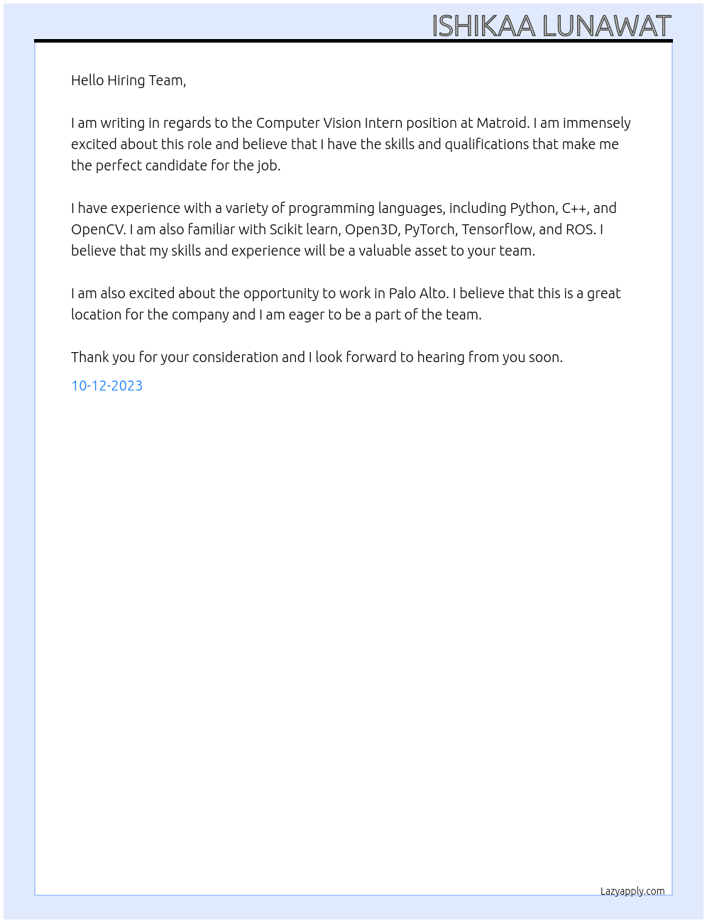 Computer Vision Intern At Matroid Cover Letter