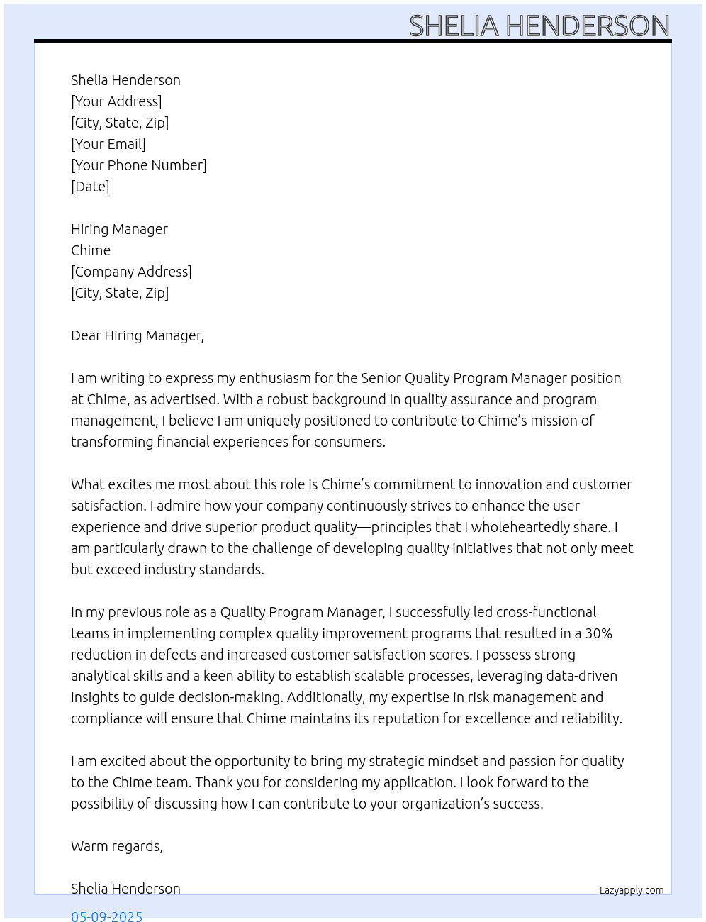 Senior Quality Program Manager At Chime Cover Letter