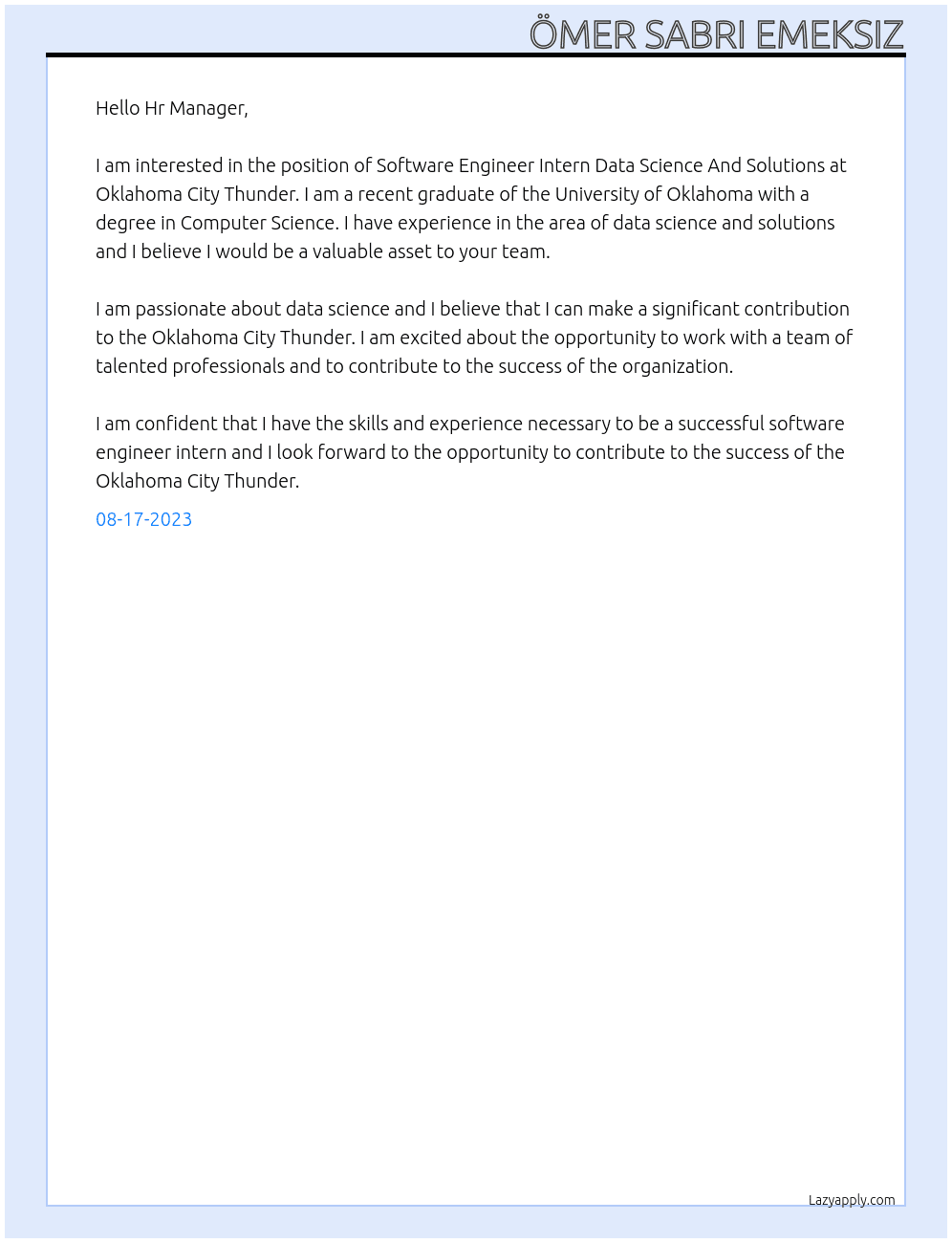 Software Engineer Intern Data Science And Solutions At Oklahoma City Thunder Cover Letter
