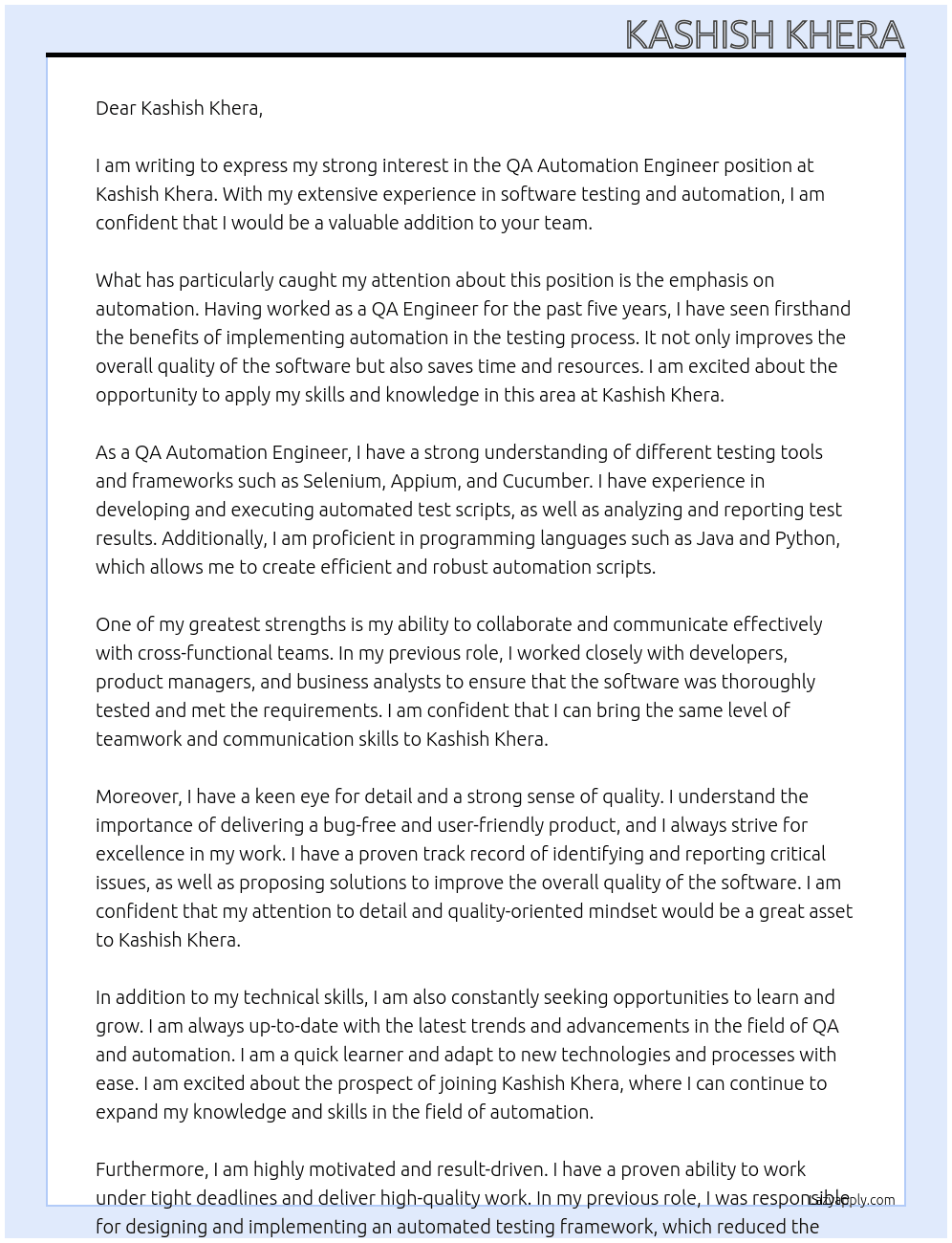 QA Automation Engineer At Kashish Khera Cover Letter