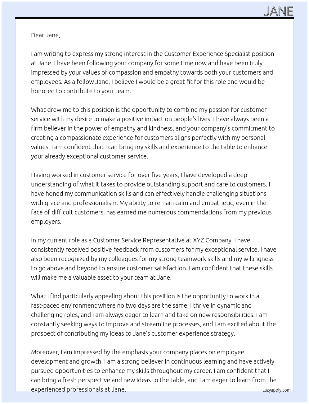 Customer Experience Specialist At Jane Cover Letter
