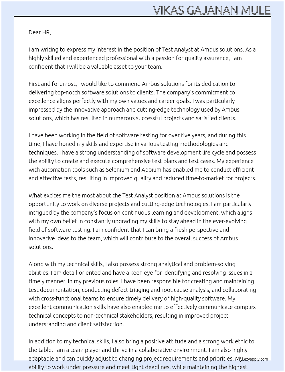 Test Analyst  At Ambus solutions Cover Letter