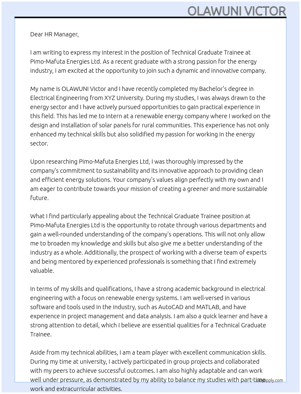 Technical Graduate Trainee At Pimo-Mafuta Energies Ltd Cover Letter